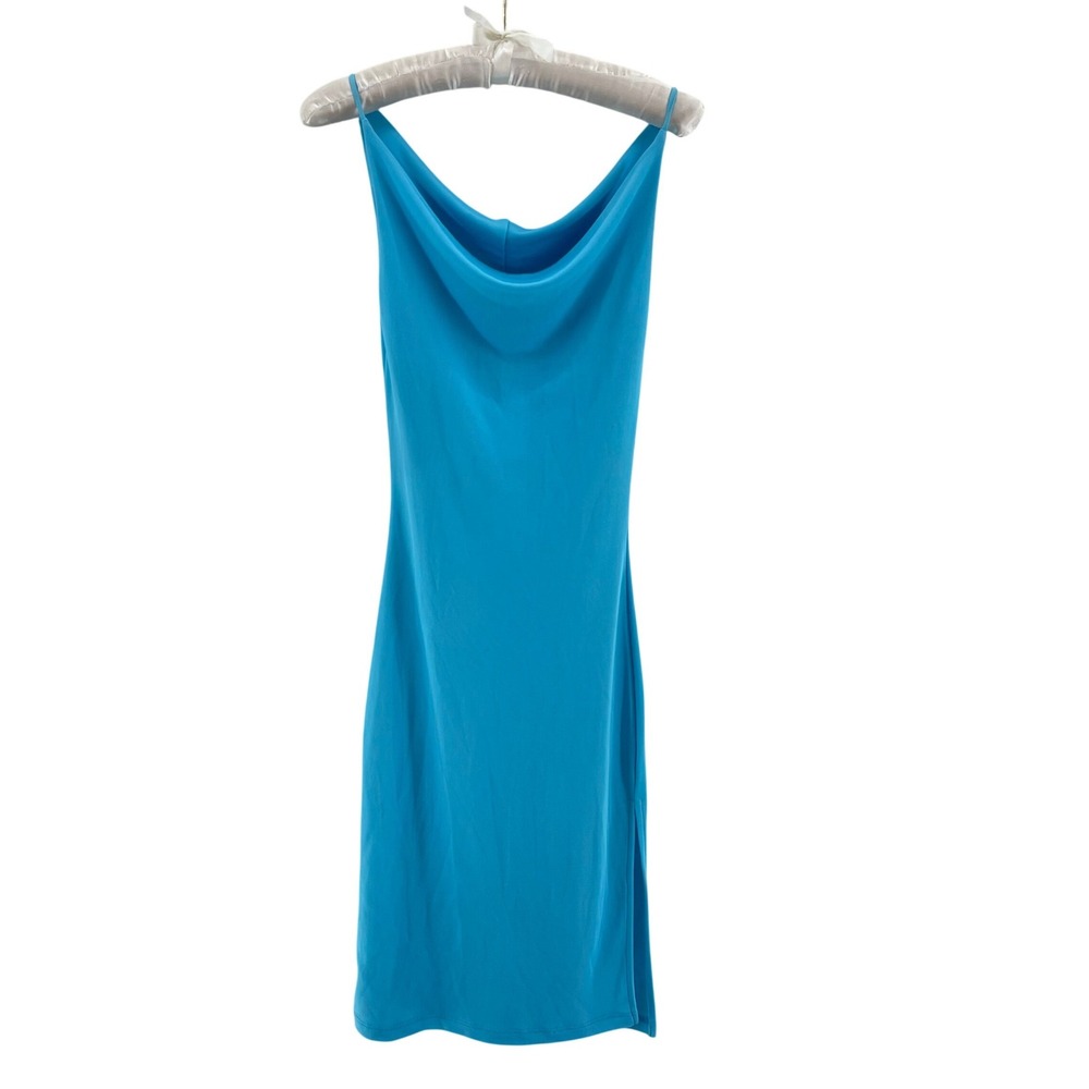Y2K 90s Divine Cowl Neck Midi Dress Womens S Turquoise Side Slit Stretch Bodycon